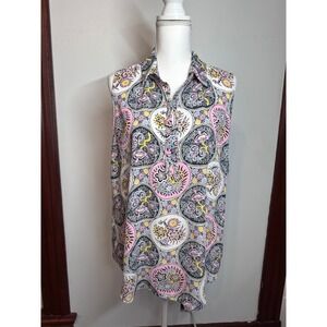 Loft Outlet Womens XL Sleeveless Paisley Medallion Button Front Blouse Pink Blue